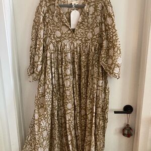 Daughters of India Olive and Cream Kyra MIDI Floral Pattern Dress